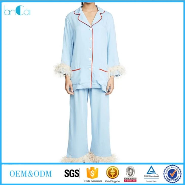 Ladies Light Blue Cotton Pajama With Luxury Cony Hair House Dresses
